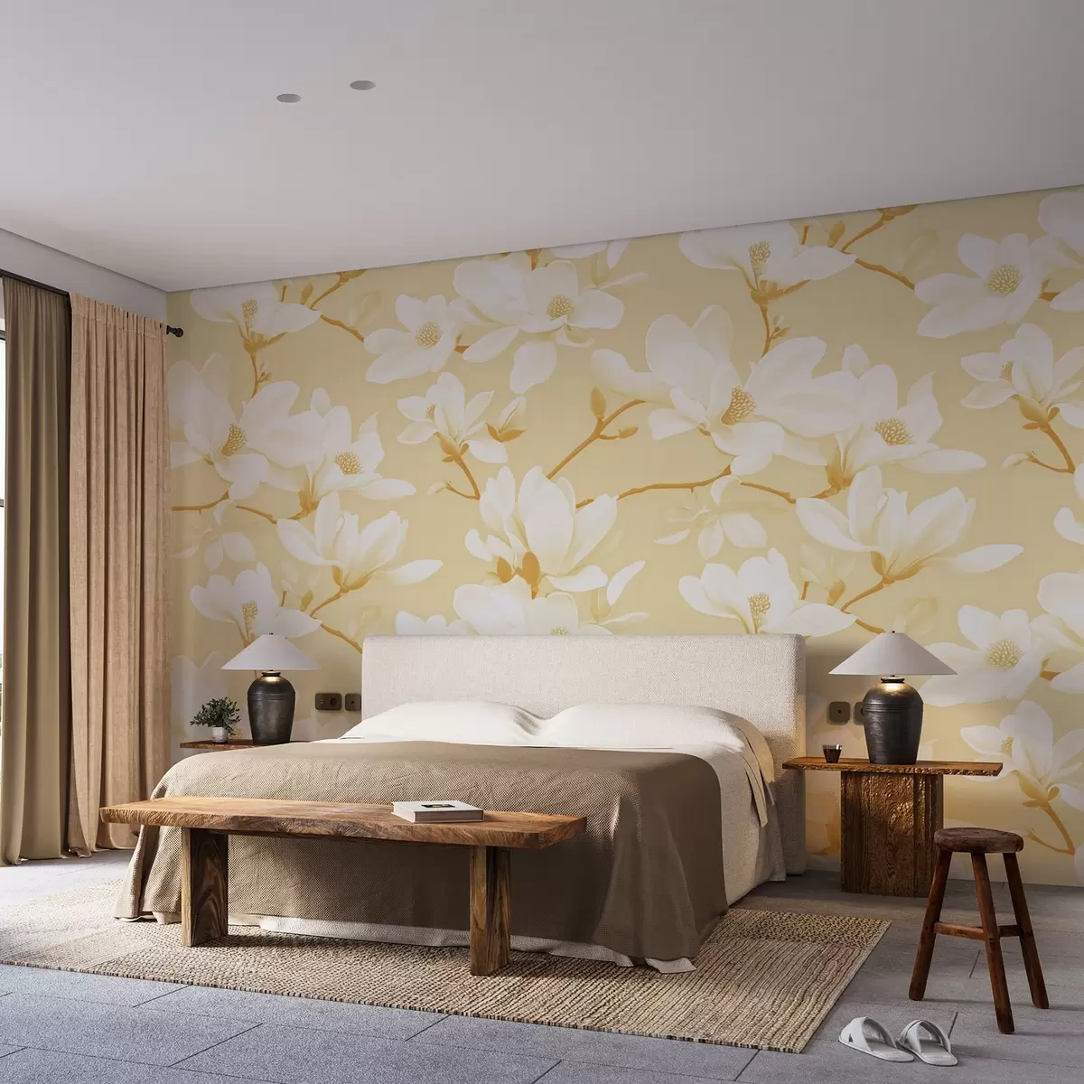 fototapet Model de flori albe de magnolie, în nuanțe de galben, frunze și ramuri albe w08726v3