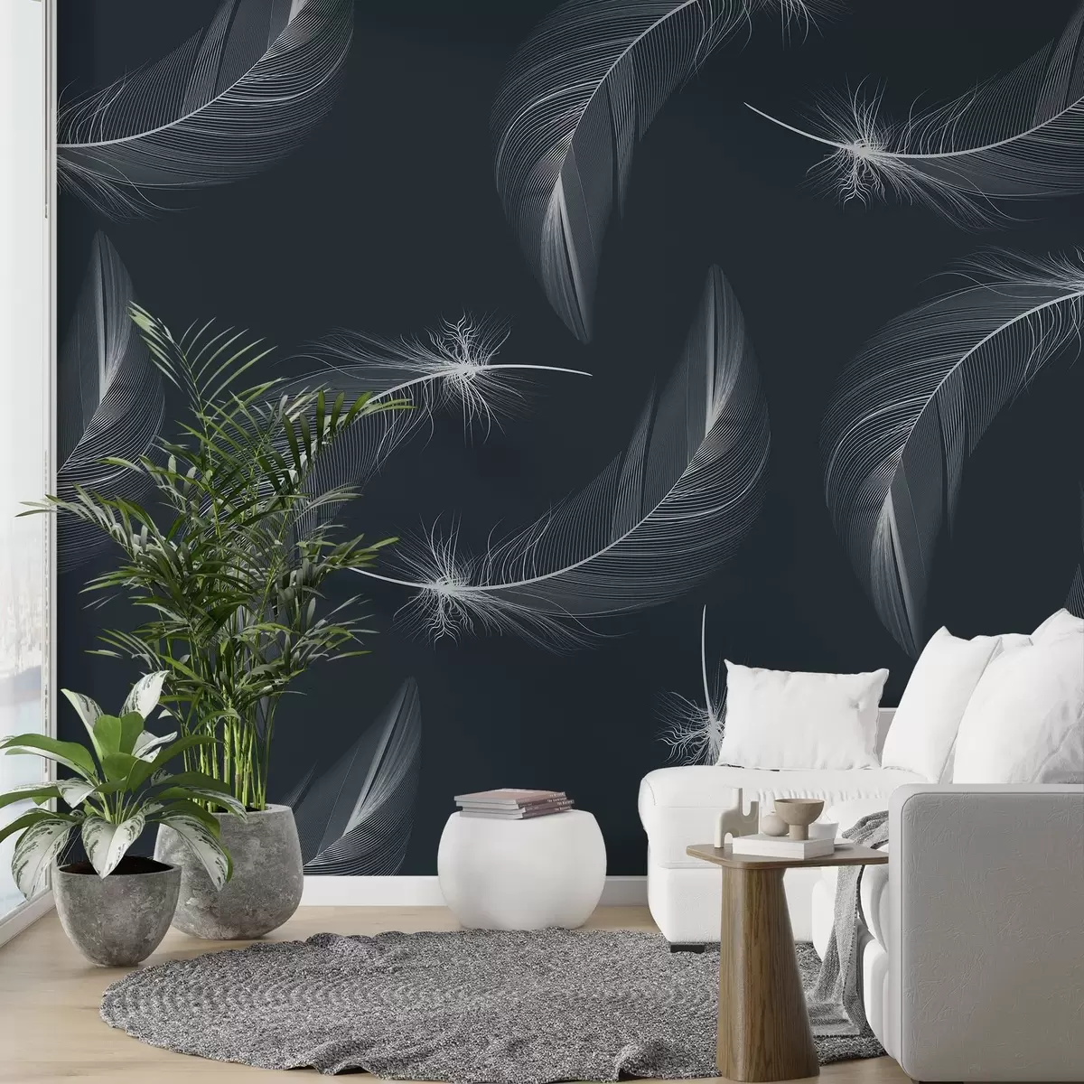 fototapet Pene pe un fundal albastru, pene alb deschis w03043