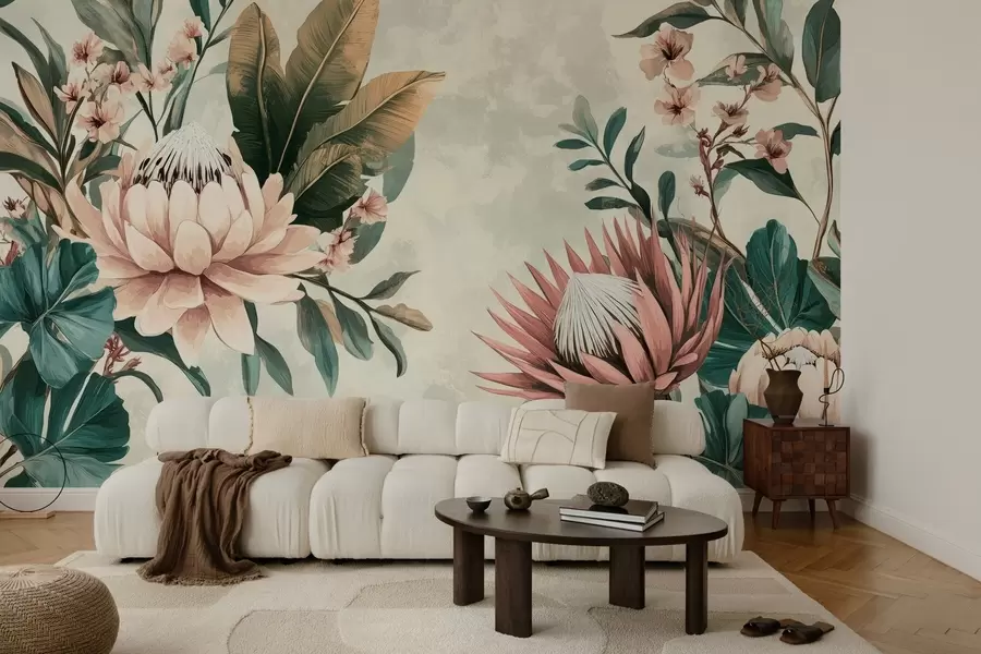 fototapet plante exotice, frunze de palmier și flori protea inspirate de vintage w03015