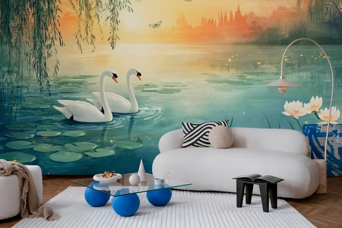 fototapet Peisaj romantic în stilul picturii în ulei cu două lebede albe pe lac w03017