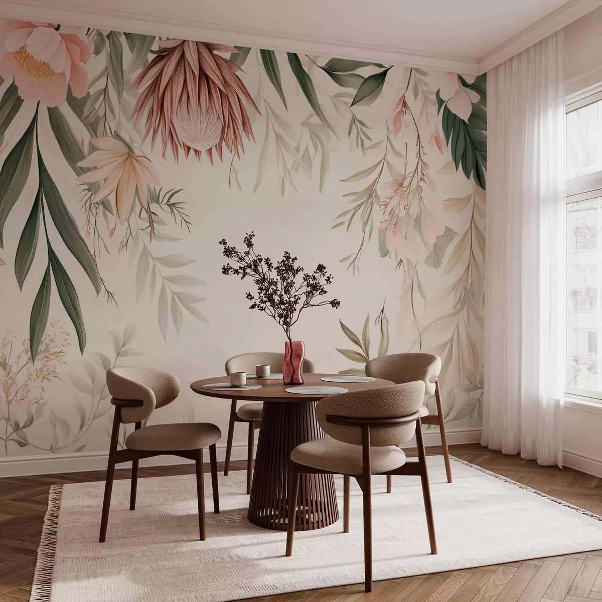 fototapet Floare Protea printre diverse frunze și plante în tonuri calde de bej și verde w03019