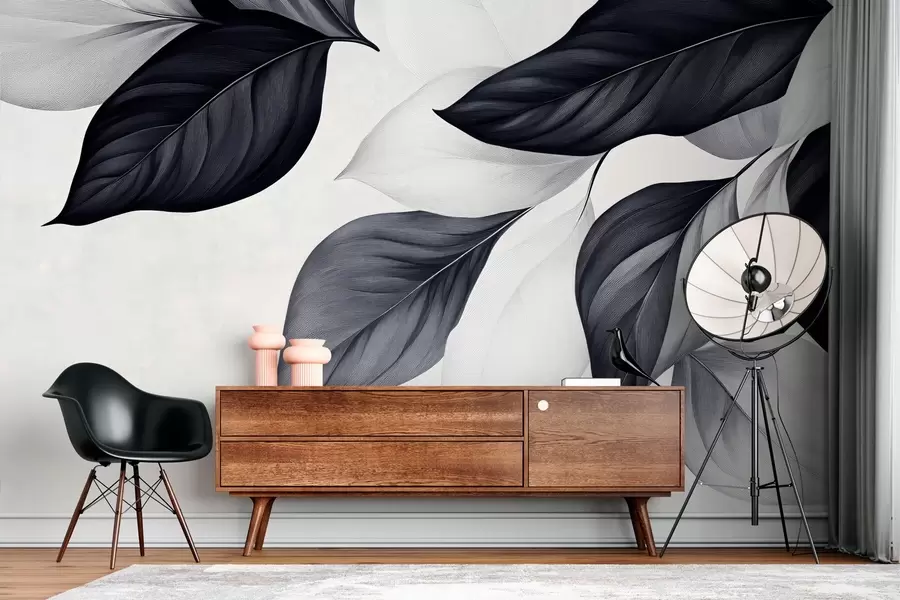 fototapet Grafic negru și alb frunze w03020