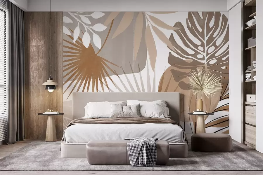 fototapet Design abstract cu diverse frunze tropicale și în tonuri pământii de maro, bej și crem  w08738