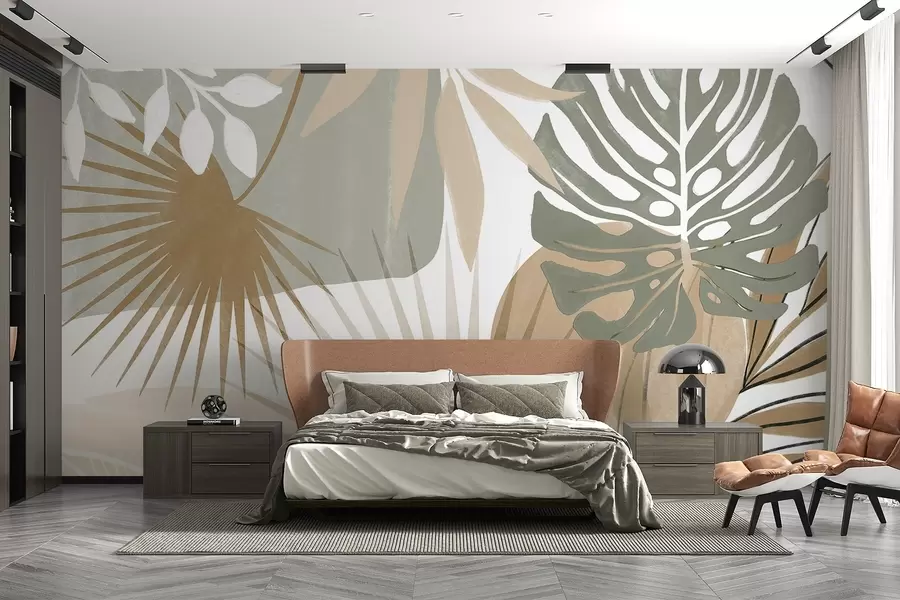 fototapet Design abstract cu diverse frunze tropicale și în tonuri pământii de verde, bej și crem  w08738v1