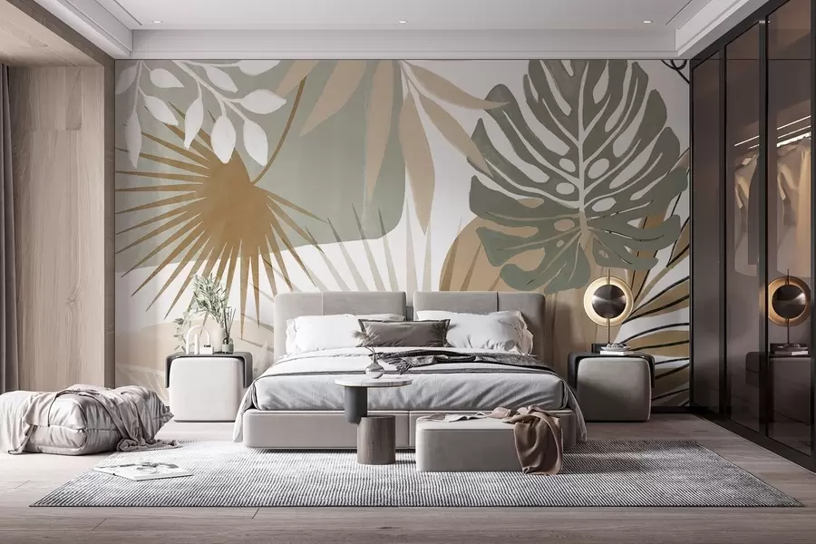 fototapet Design abstract cu diverse frunze tropicale și în tonuri pământii de verde, bej și crem  w08738v1