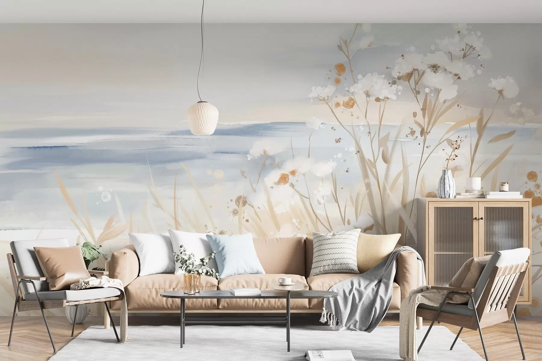 fototapet Flori abstracte albe cu tulpini delicate în iarbă, pe un fundal moale, cu o mare calmă și cer  w08740