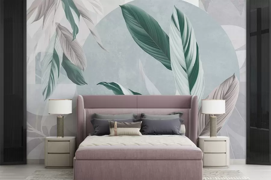 fototapet Compoziție texturală geometrică modernă și abstractă cu frunze detaliate în nuanțe de verde, violet deschis și alb w08741v1