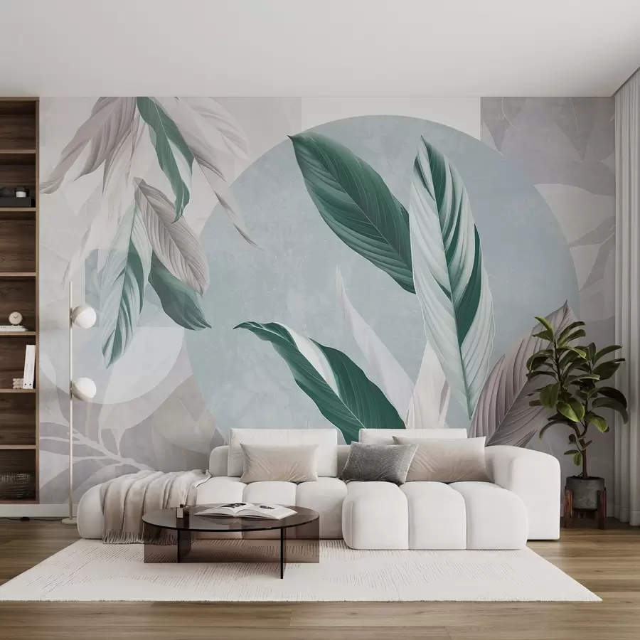 fototapet Compoziție texturală geometrică modernă și abstractă cu frunze detaliate în nuanțe de verde, violet deschis și alb w08741v1