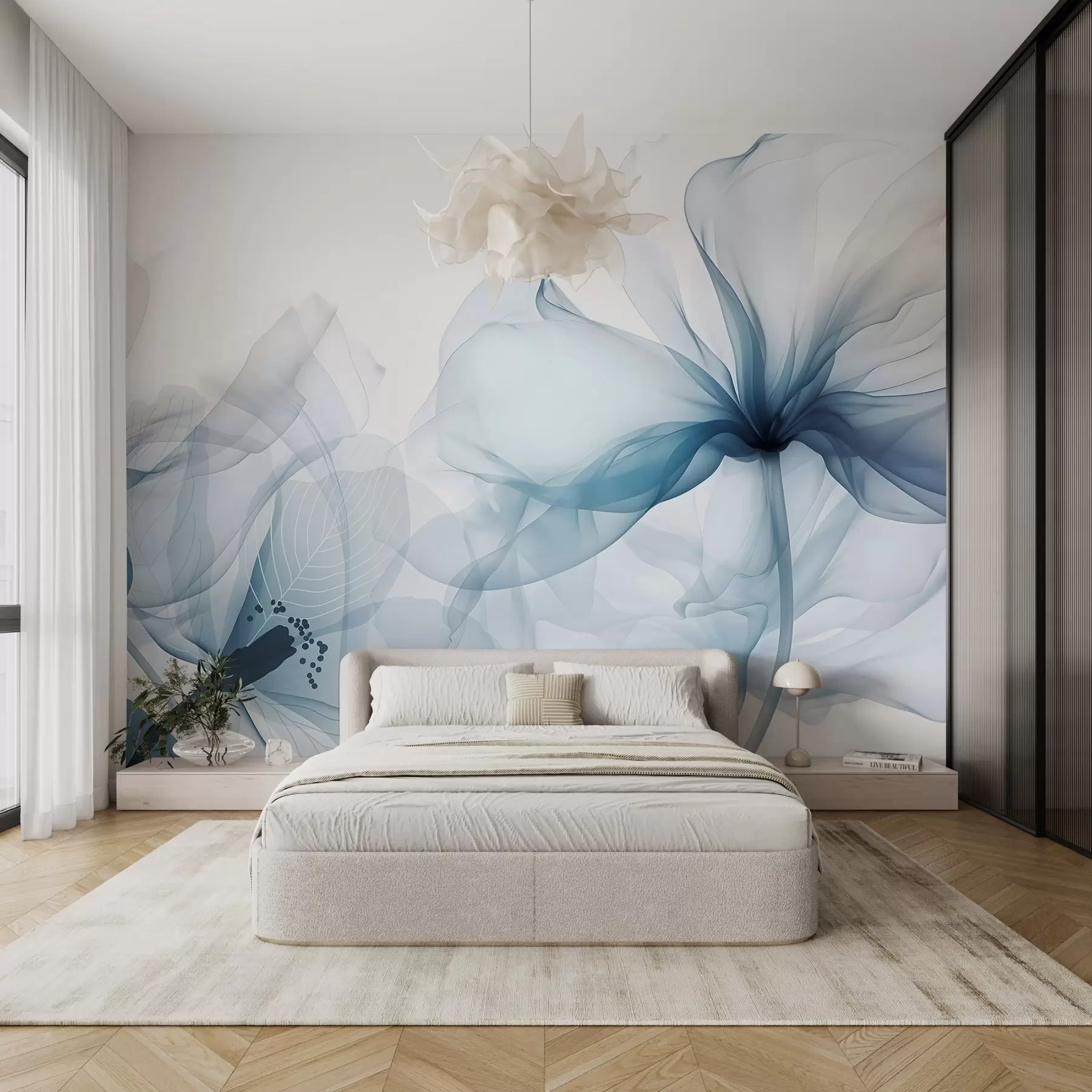 fototapet Flori abstracte albastre cu petale moi, translucide și detalii delicate, pe un fundal alb w08742