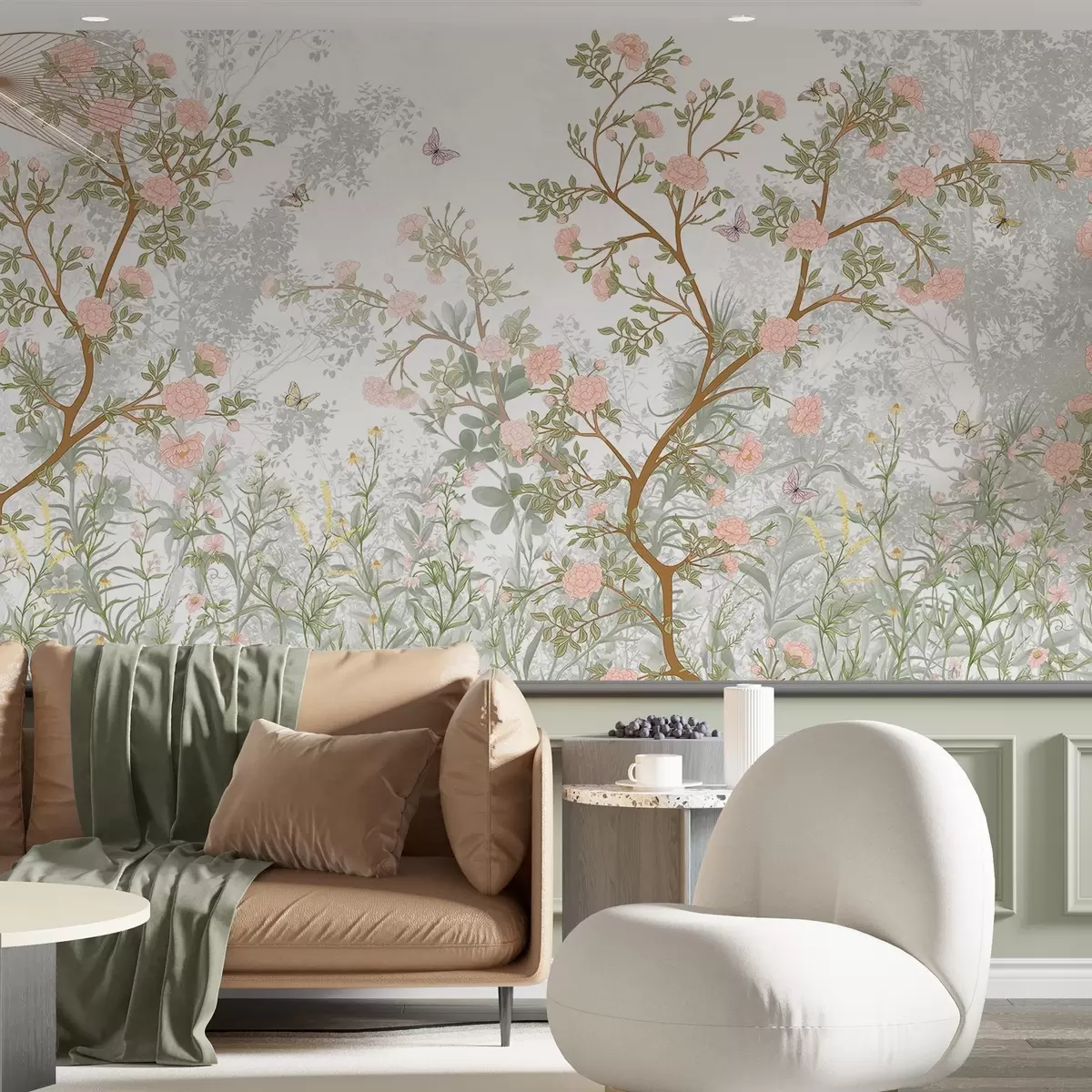 fototapet Copaci delicați cu flori roz, fluturi zburători și frunze verzi împletite cu ramuri subțiri  w08744