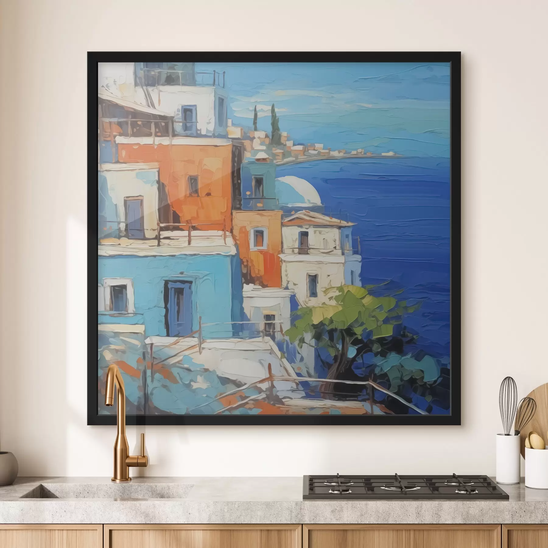 fototapet Case de pe malul mării imitație de lovituri de pictură f42899