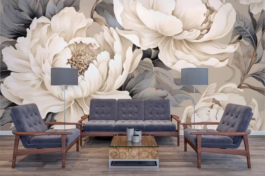 fototapet Bujori cremoși eleganți cu petale detaliate și frunze gri-albastru pe un fundal cald w03077