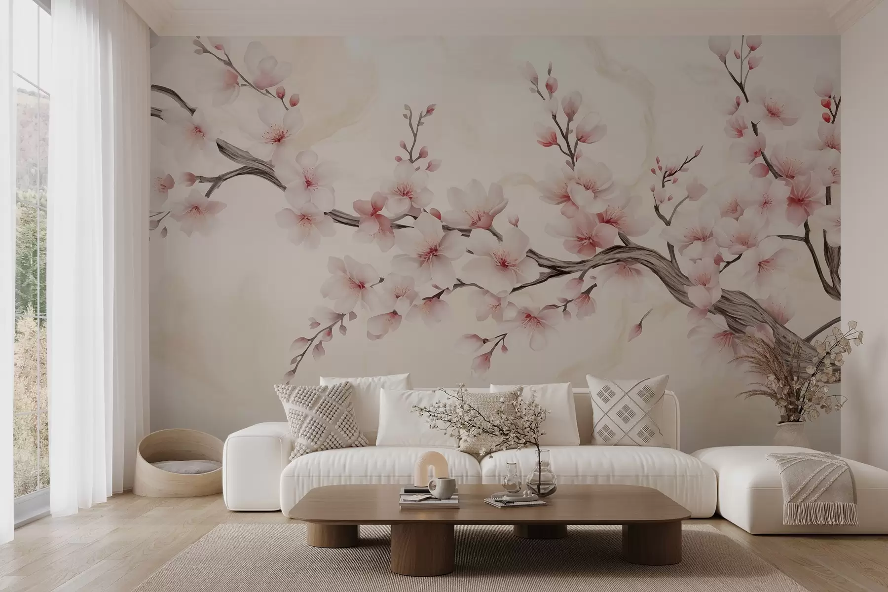 fototapet O ramură delicată de flori de cireș cu flori roz moale pe un fundal deschis w03079