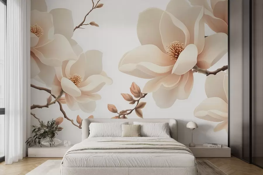 fototapet Ramuri de magnolie de culoare crem pe un fundal alb w08755