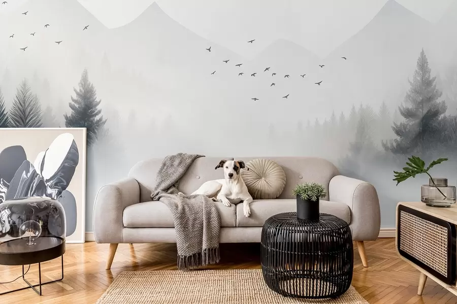 fototapet Pădure de iarnă senină pe un versant de munte în nuanțe de alb și gri deschis w08756