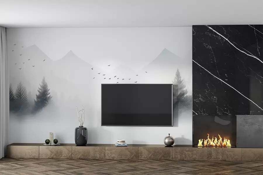 fototapet Pădure de iarnă senină pe un versant de munte în nuanțe de alb și gri deschis w08756