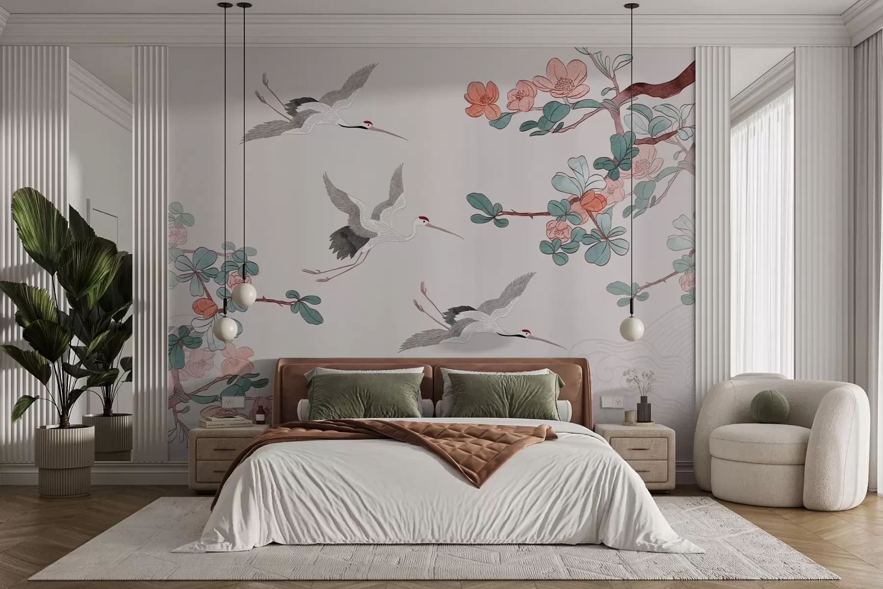 fototapet Ramuri cu flori și cocori în stil japonez w03103