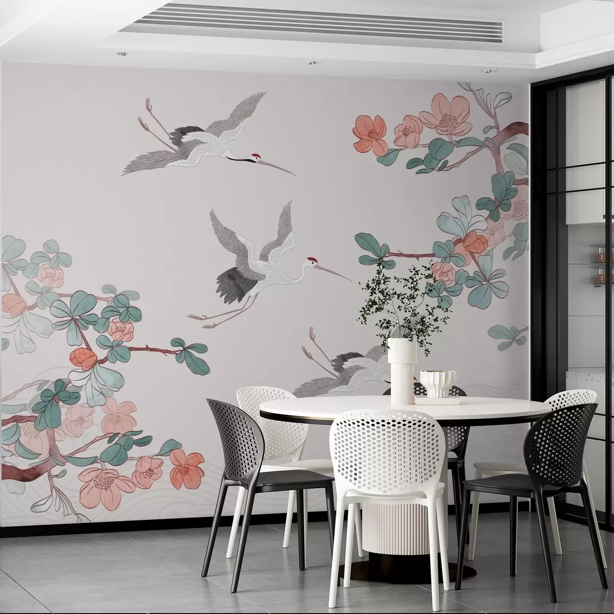 fototapet Ramuri cu flori și cocori în stil japonez w03103