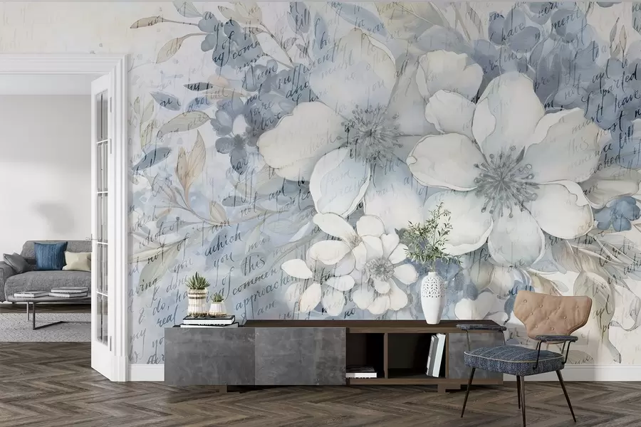 fototapet O imitație de perete moale texturat alb și albastru flori, pe un fundal pal cu text scris de mână slab w08771