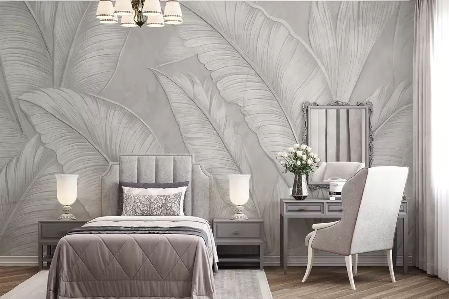 fototapet Foarte texturate detaliate frunze tropicale mari într-o culoare gri deschis monocromatic în stil loft  w08772