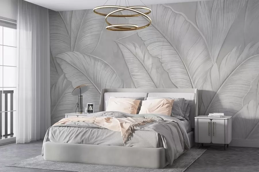 fototapet Foarte texturate detaliate frunze tropicale mari într-o culoare gri deschis monocromatic în stil loft  w08772