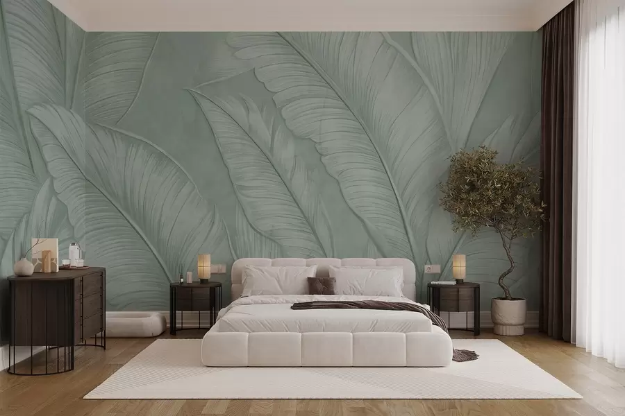 fototapet Frunze tropicale mari detaliate foarte texturate într-o culoare verde monocromatică în stil loft  w08772v1