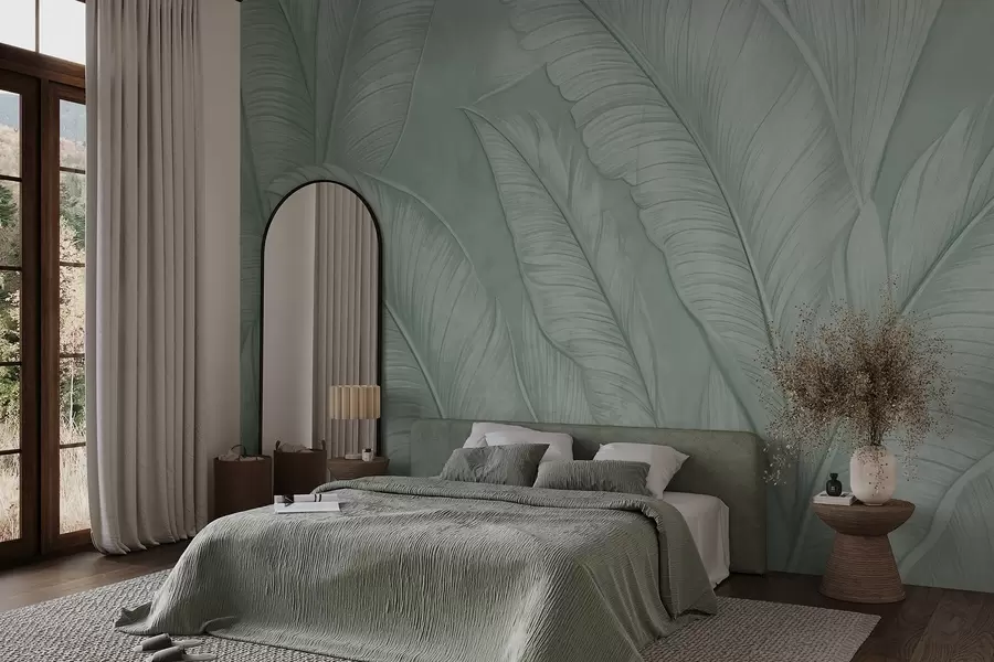 fototapet Frunze tropicale mari detaliate foarte texturate într-o culoare verde monocromatică în stil loft  w08772v1