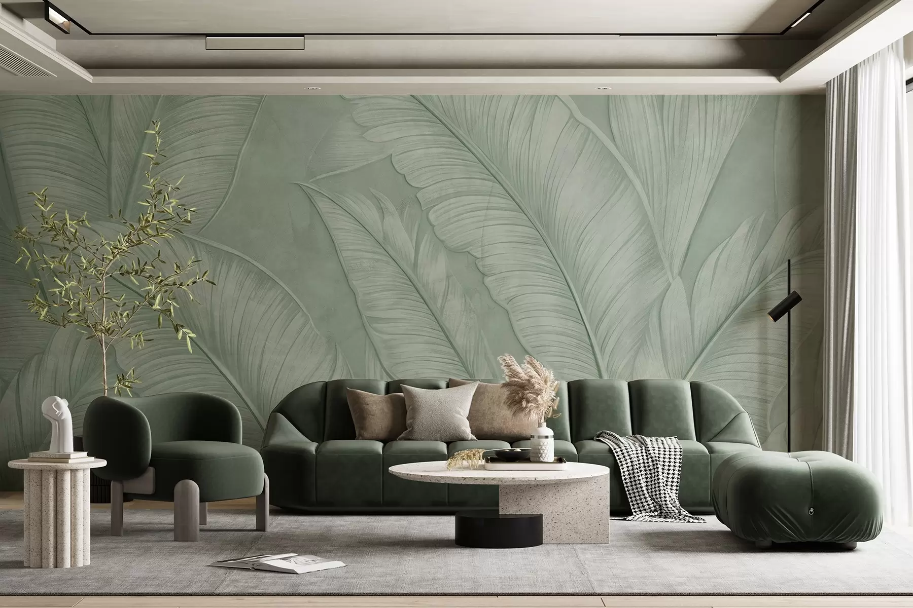 fototapet Frunze tropicale mari detaliate foarte texturate într-o culoare verde monocromatică în stil loft  w08772v1