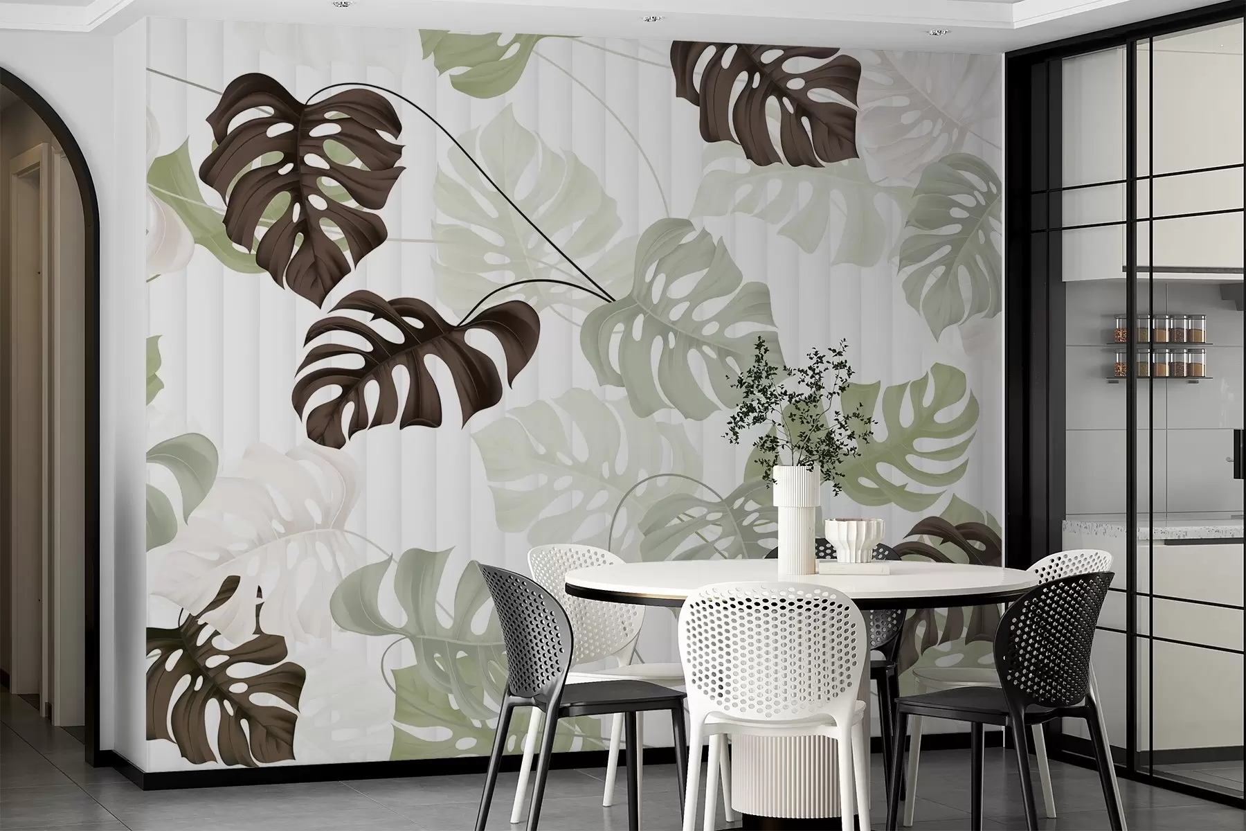 fototapet Frunze de Monstera în nuanțe de verde, alb și maro închis, pe un fundal deschis, texturat cu dungi w08773