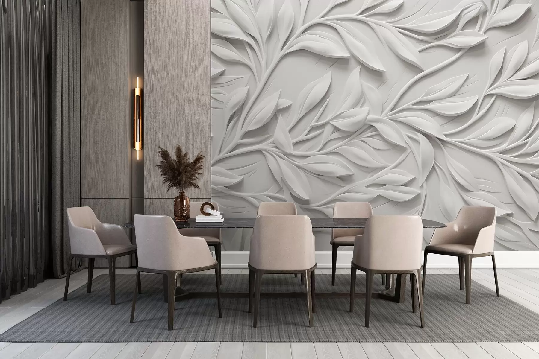 fototapet Imprimare texturată albă cu frunze și ramuri , creând un efect de imitație voluminoasă pe un fundal texturat w08778