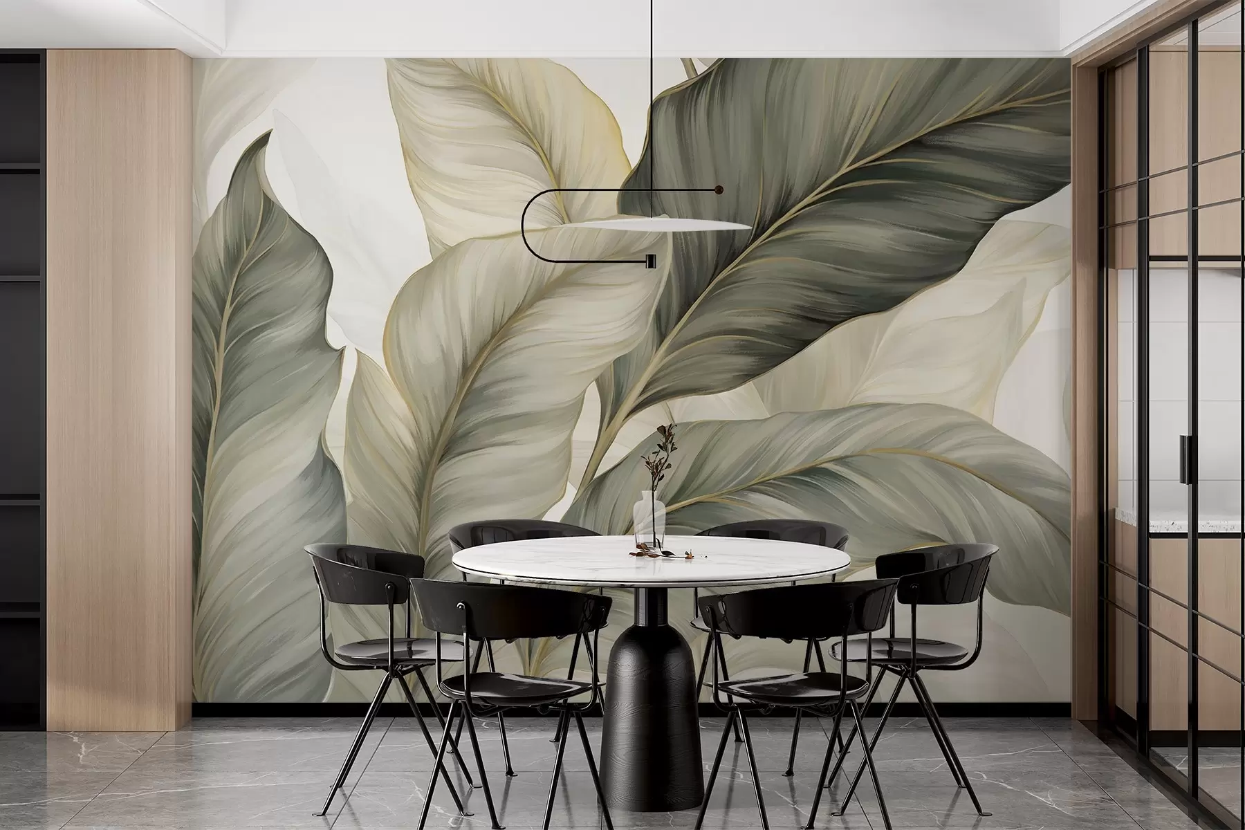 fototapet Frunze mari, stilizate, texturate, cu nervuri detaliate în diferite nuanțe de verde, crem și bej w08785