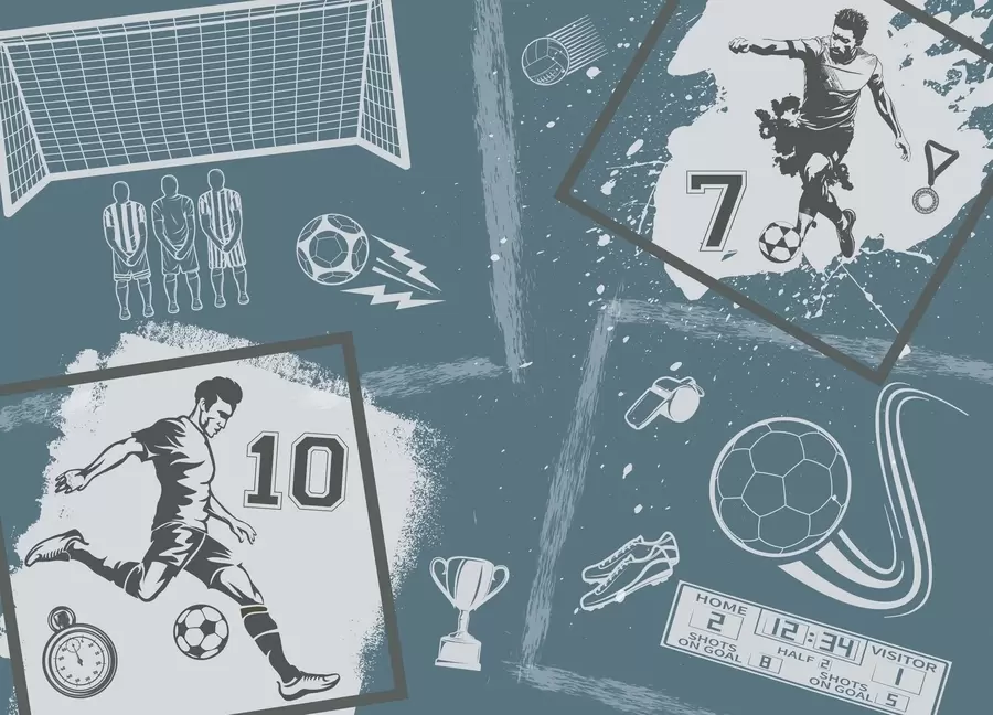 fototapet Jucători de fotbal, minge și alte atribute de fotbal în tonuri albastre w03122