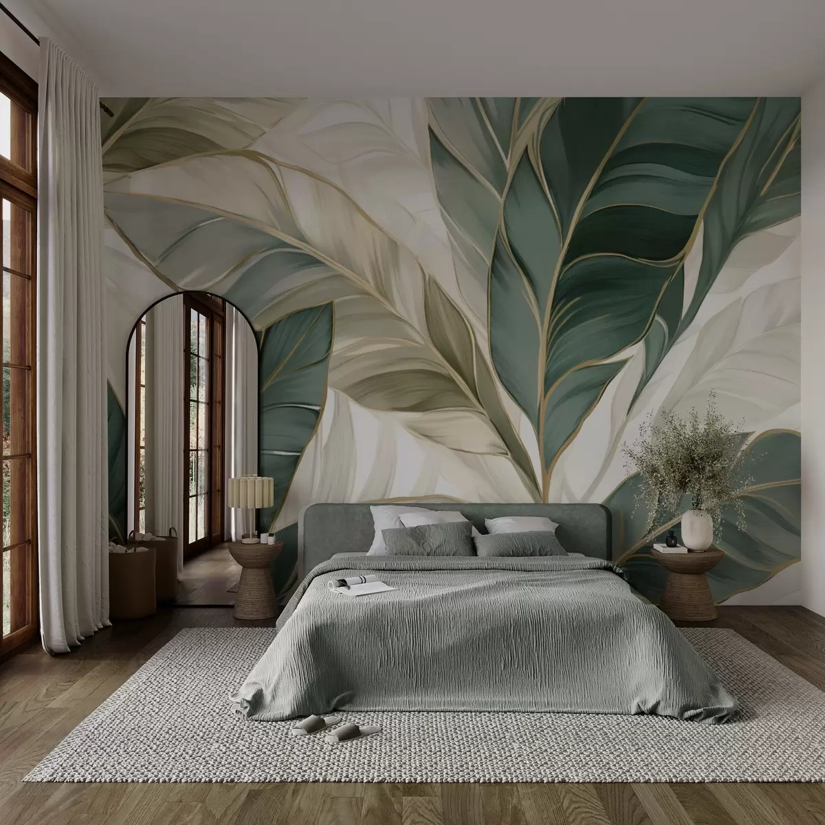 fototapet Frunze tropicale verzi pe fundal gri și alb w03124