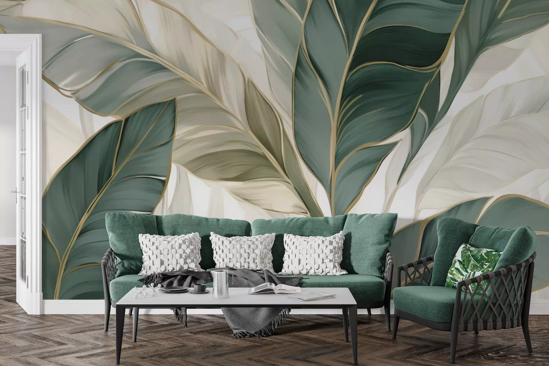 fototapet Frunze tropicale verzi pe fundal gri și alb w03124