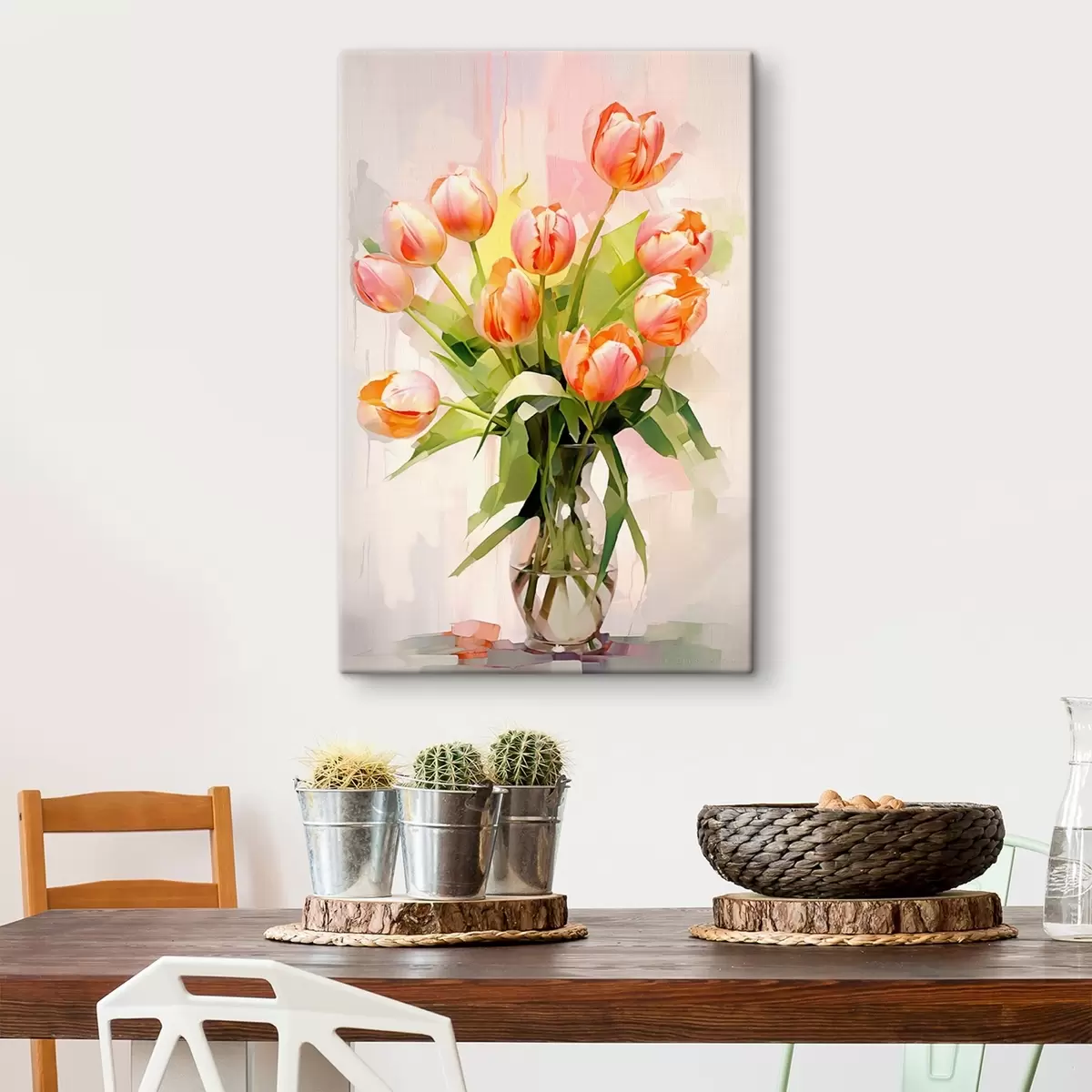 Tablouri Natură moartă pictată cu lalele într-o vază de sticlă pe un fundal deschis s42940