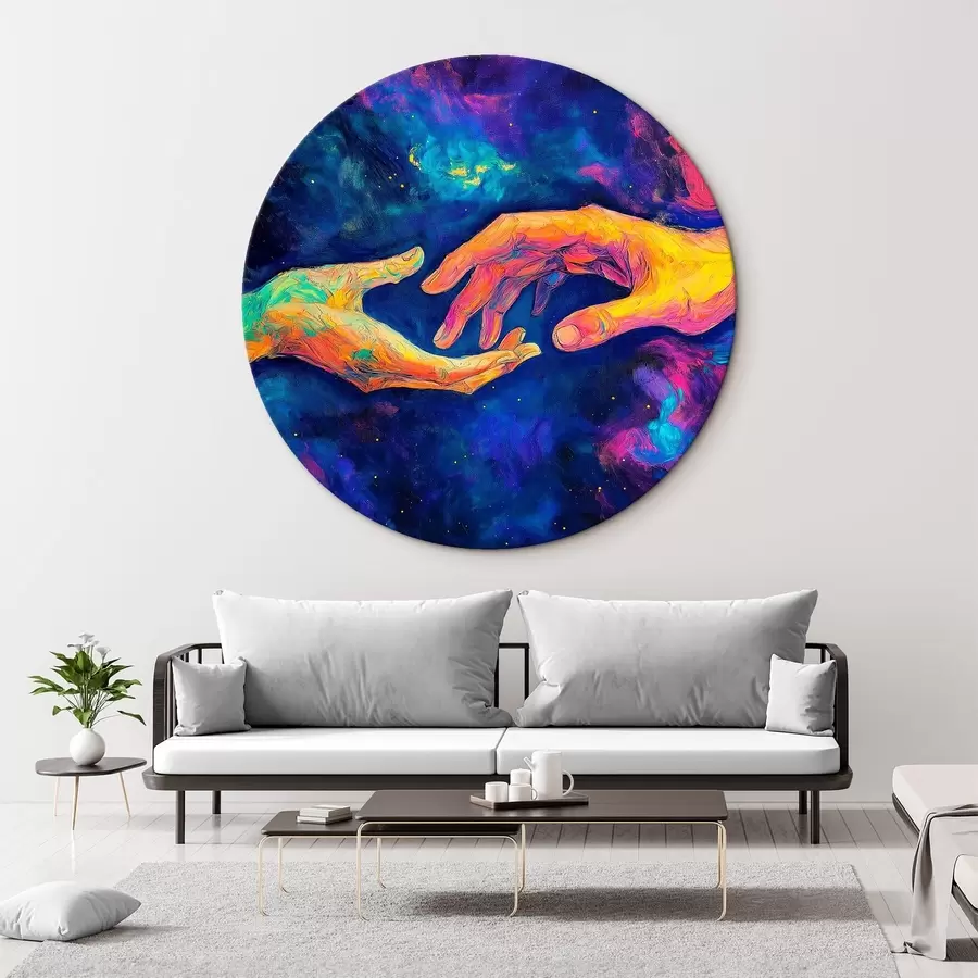 Tablouri Compoziție abstractă a două mâini care se întind una spre cealaltă, într-o paletă de culori vibrante pe un fundal cosmic r42937