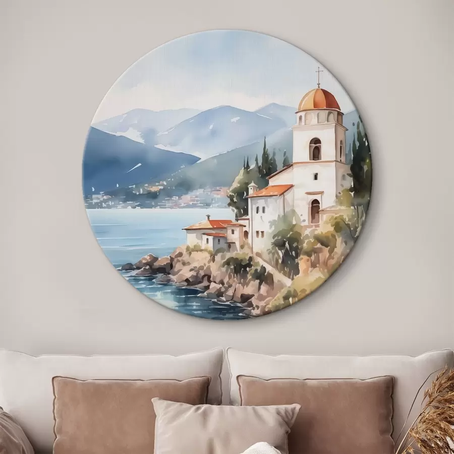 Tablouri Biserica de pe malul mării cu munții în fundal r42962