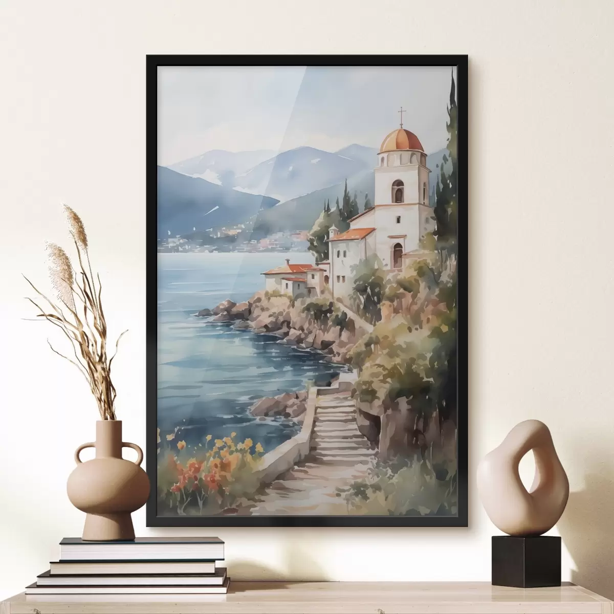 Poster Biserica de pe malul mării cu munții în fundal f42962