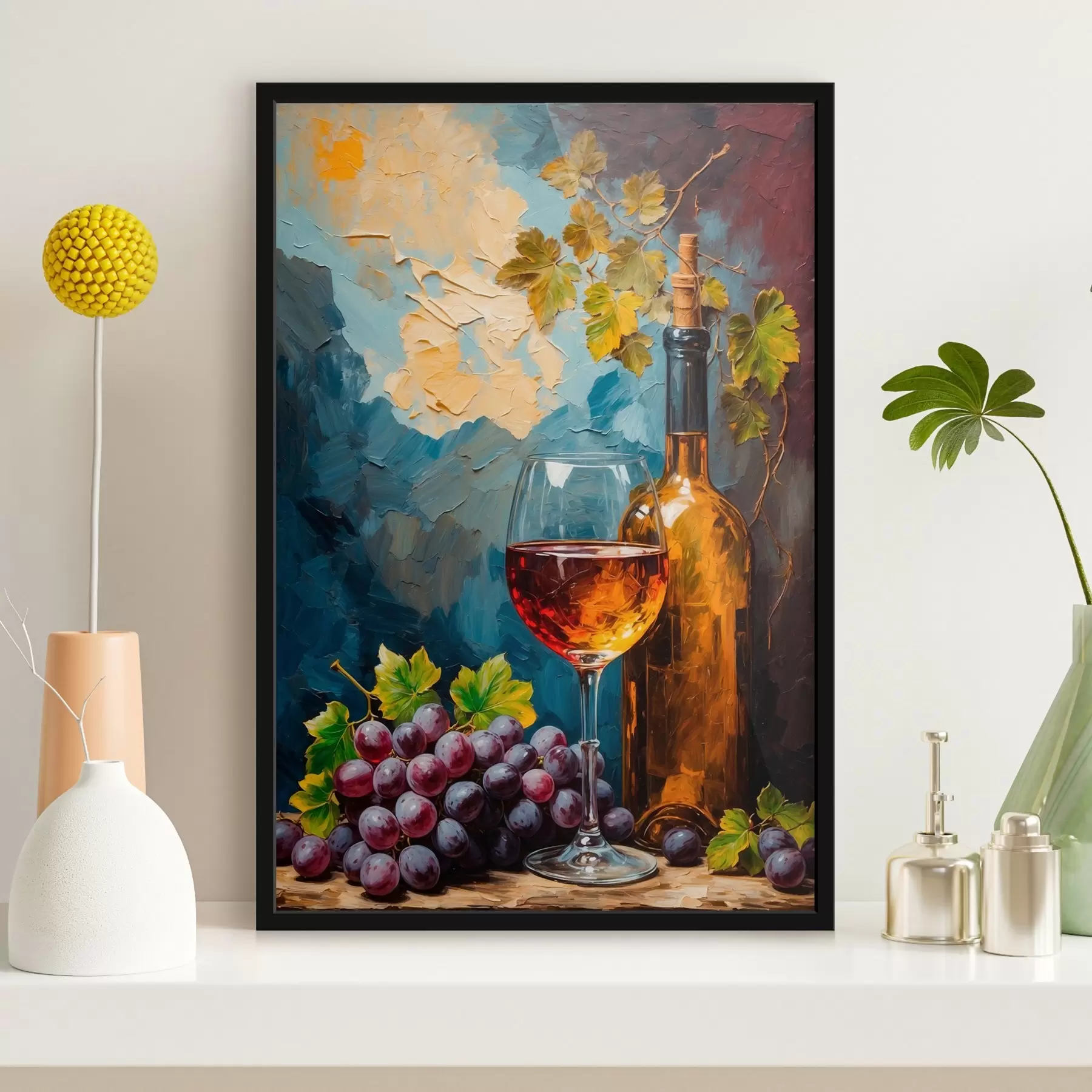 Tablouri Struguri, sticlă și sticlă de vin pe fundal acrilic abstract f42772