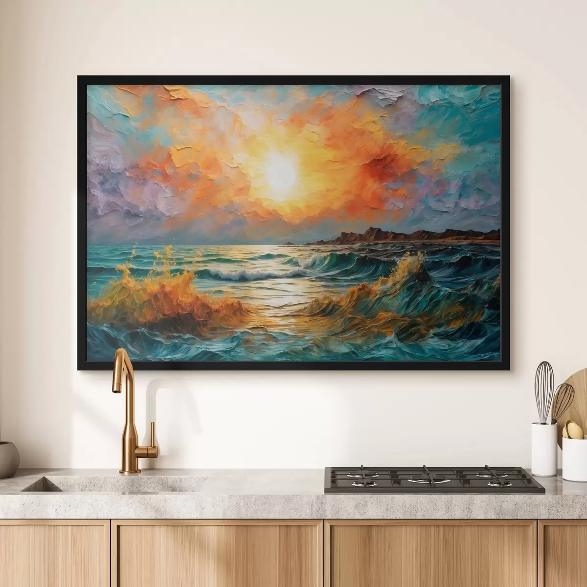 Poster Mare furtunoasă și soare în stilul picturii în ulei f42920