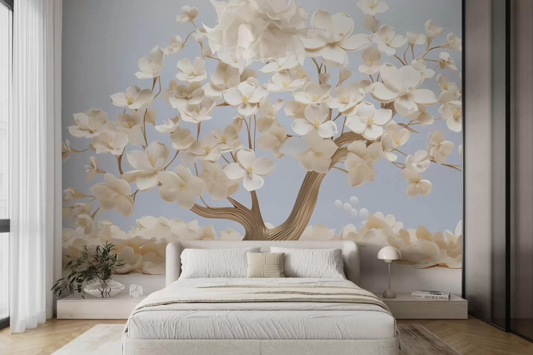 fototapet Copac cu flori delicate pe un fundal albastru deschis w08793