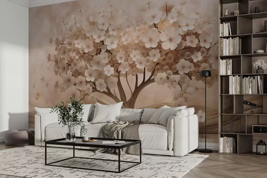 fototapet Copac abstract cu flori mici pe fundalul unui perete îmbătrânit w08794