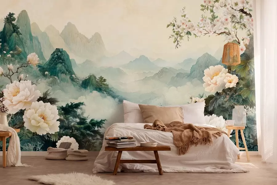 fototapet peisaj cu flori și dealuri în stil oriental w03111