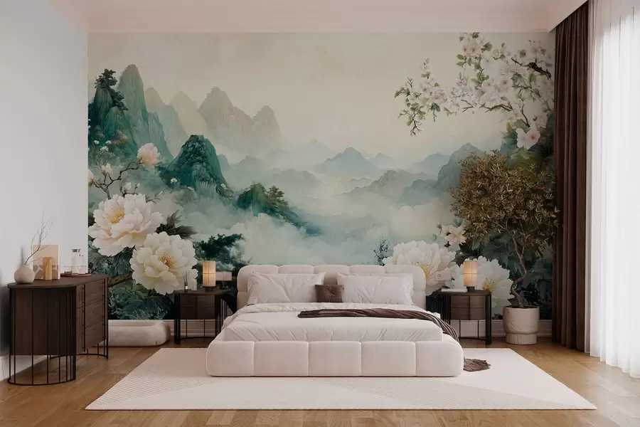 fototapet peisaj cu flori și dealuri în stil oriental w03111