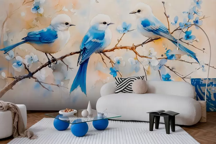 fototapet păsări cântătoare de primăvară pe o ramură de copac în stil acuarelă w03112