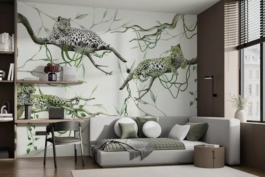 fototapet Leoparzi pe copaci junglă, liane, tropicale, animale sălbatice, paletă de culori verzi w03146v1