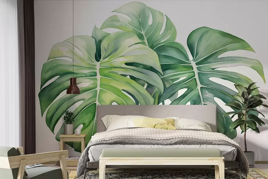 fototapet Frunze mari de monstera, plante tropicale, desen în stil acuarelă, culori verzi w03151