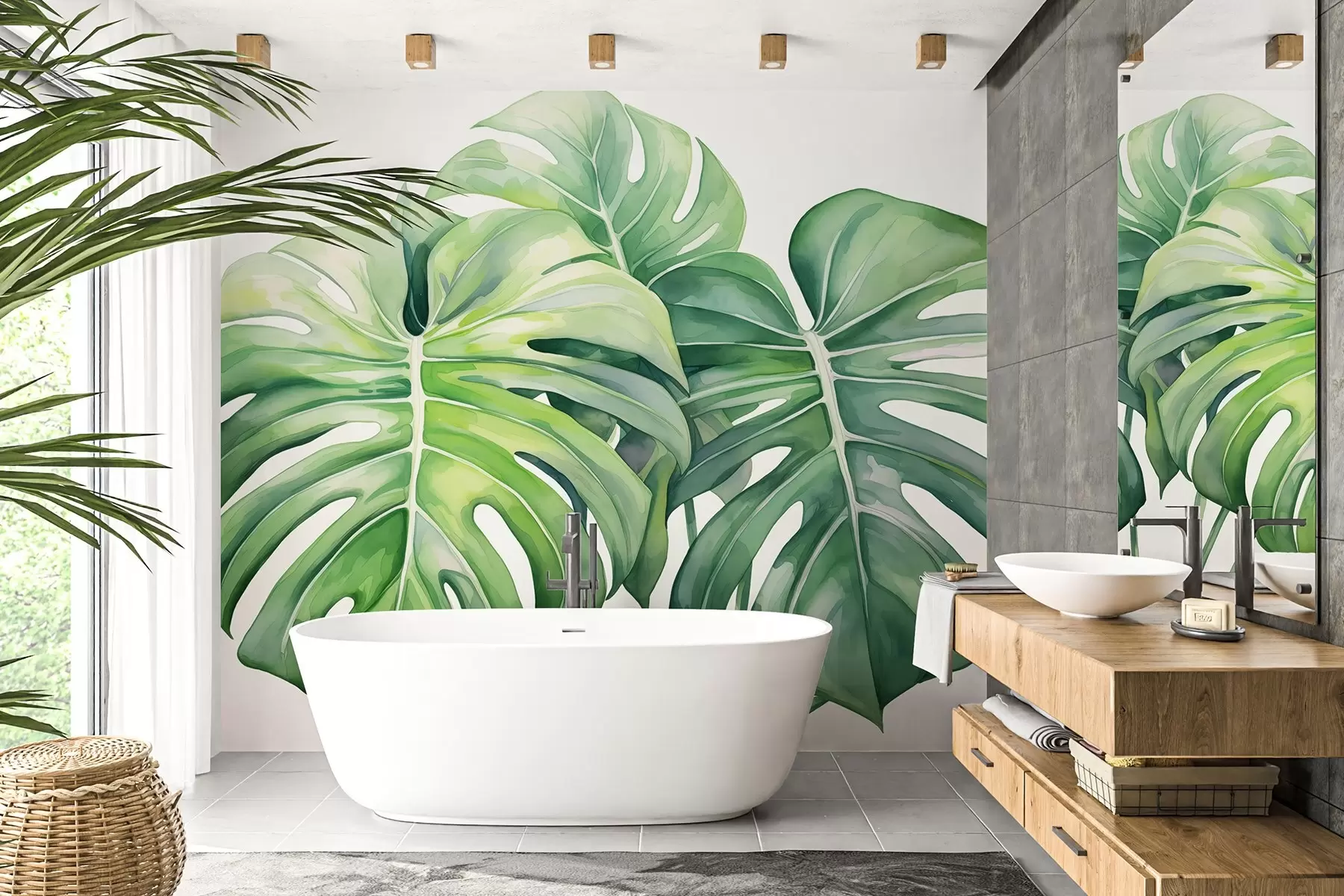 fototapet Frunze mari de monstera, plante tropicale, desen în stil acuarelă, culori verzi w03151