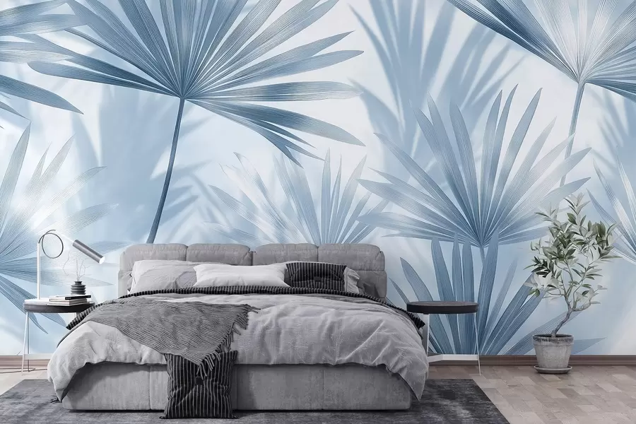 fototapet Frunze de palmier, model floral, minimalism, tropical, culori albastre w03152
