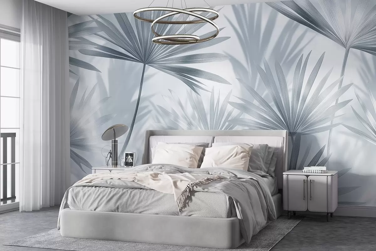 fototapet Frunze de palmier, model floral, minimalism, tropical, culori gri w03152v1